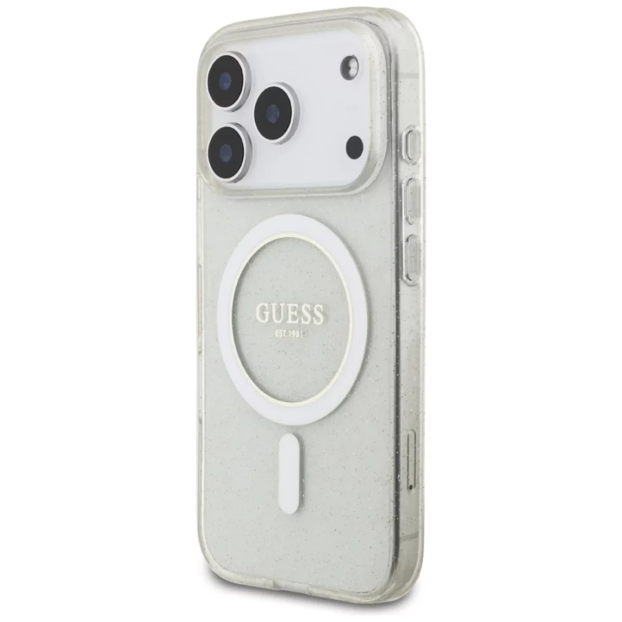 Etui Guess IML Glitter Pearl Strap MagSafe na iPhone 17 Pro - przezroczyste