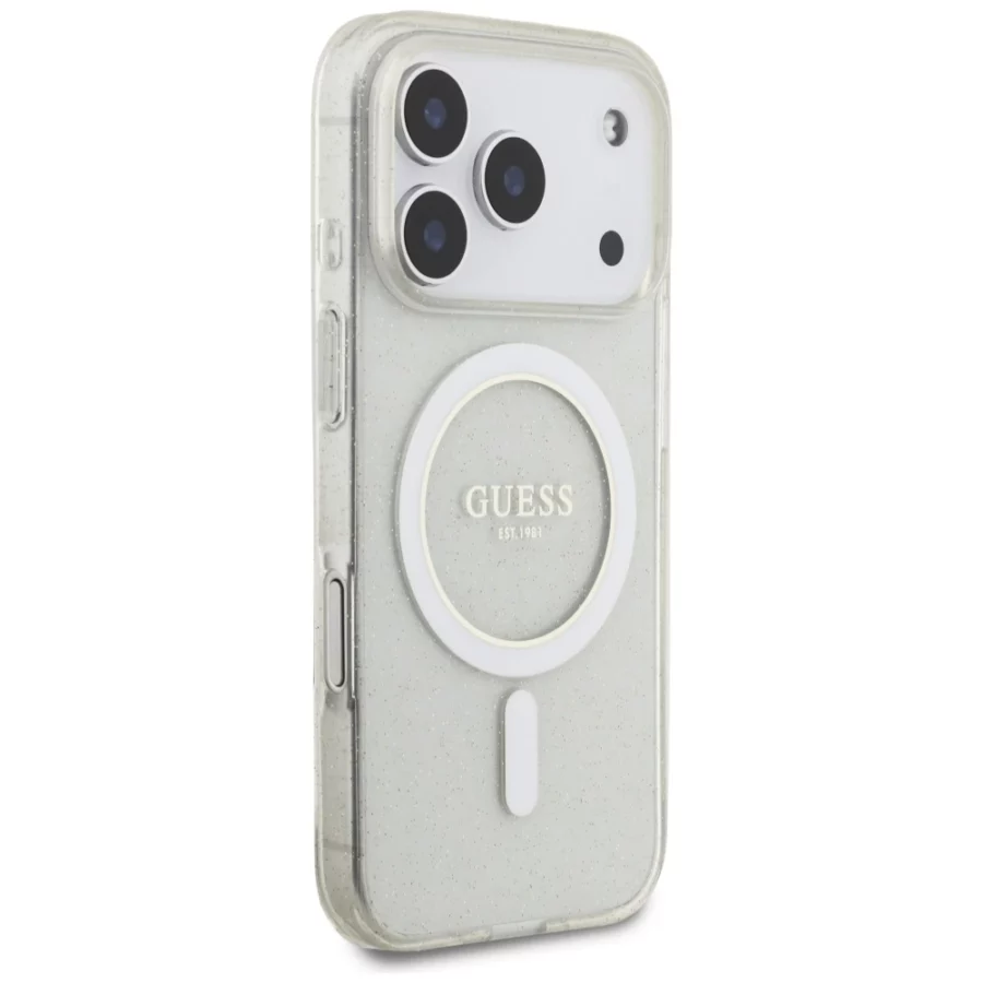 Etui Guess IML Glitter Pearl Strap MagSafe na iPhone 17 Pro - przezroczyste