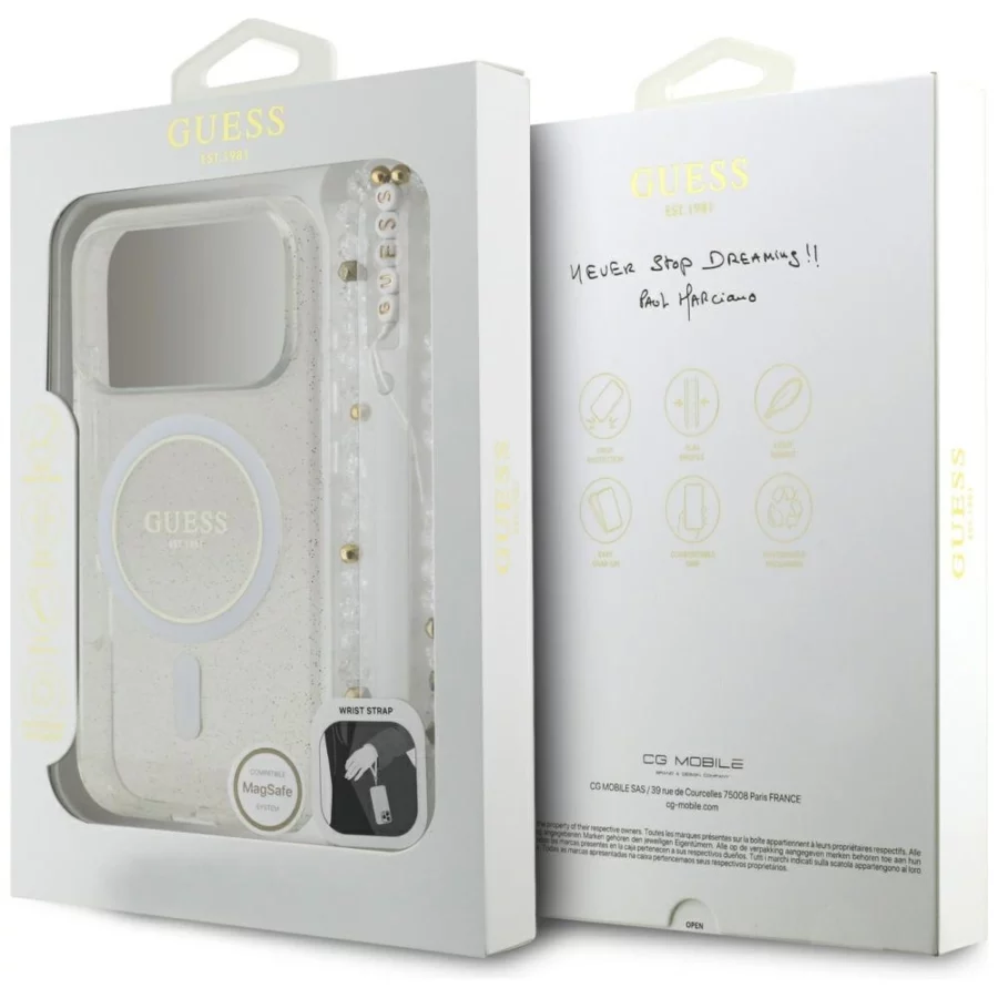 Etui Guess IML Glitter Pearl Strap MagSafe na iPhone 17 Pro - przezroczyste