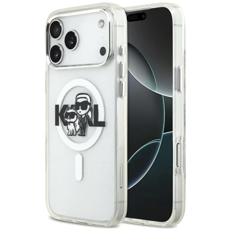 Etui Karl Lagerfeld IML Glitter Karl & Choupette Sketch Logo MagSafe do iPhone 17 Pro Max - przezroczyste