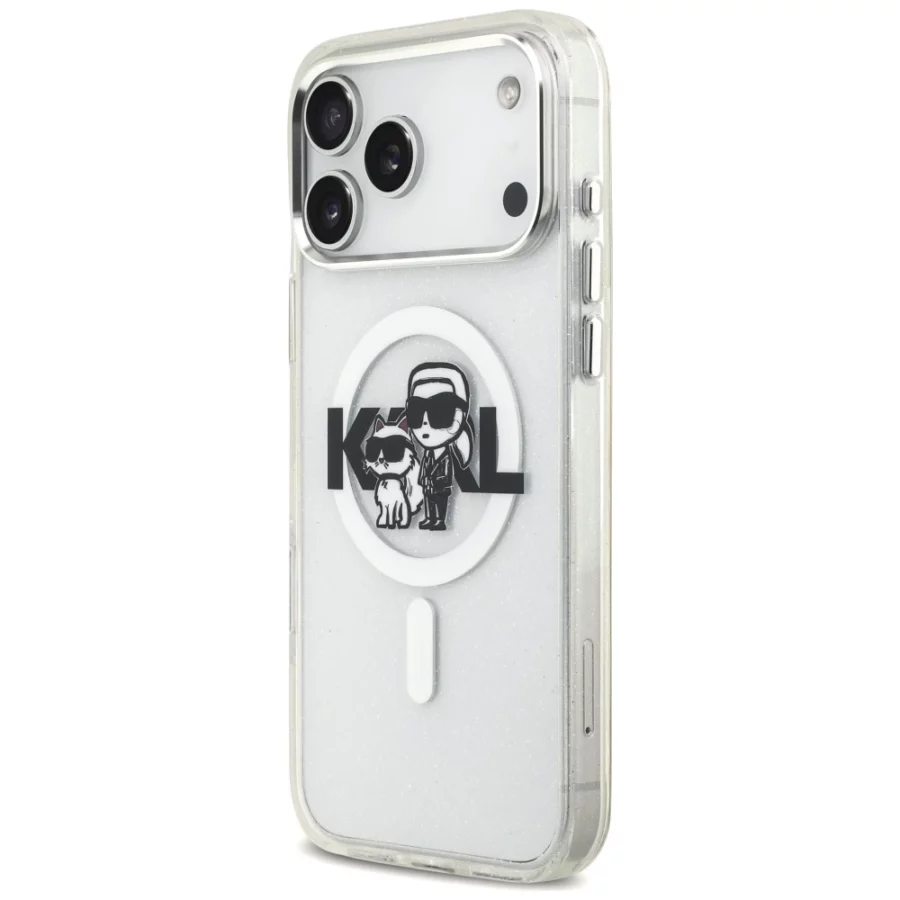 Etui Karl Lagerfeld IML Glitter Karl & Choupette Sketch Logo MagSafe do iPhone 17 Pro Max - przezroczyste