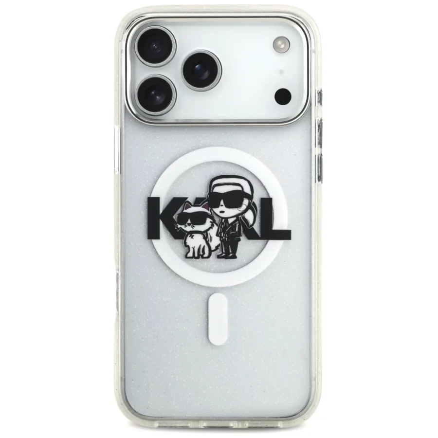 Etui Karl Lagerfeld IML Glitter Karl & Choupette Sketch Logo MagSafe do iPhone 17 Pro Max - przezroczyste