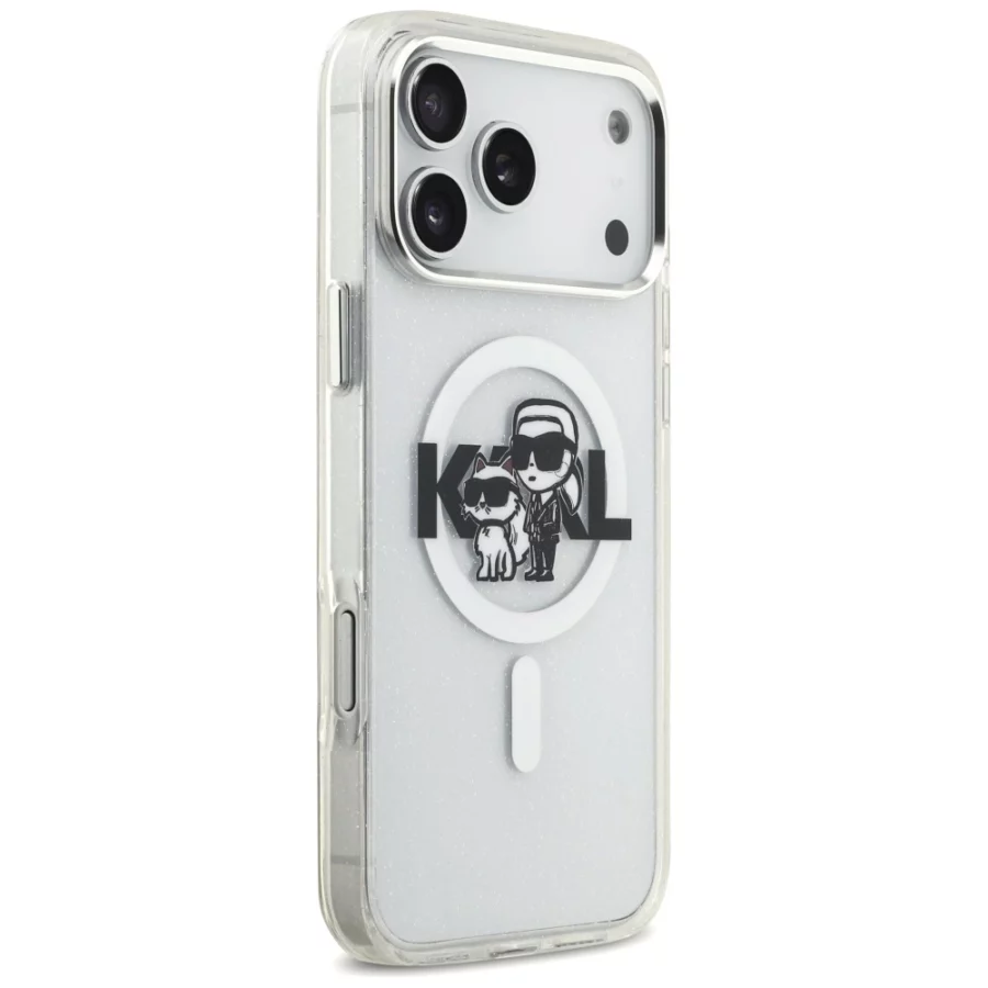 Etui Karl Lagerfeld IML Glitter Karl & Choupette Sketch Logo MagSafe do iPhone 17 Pro Max - przezroczyste