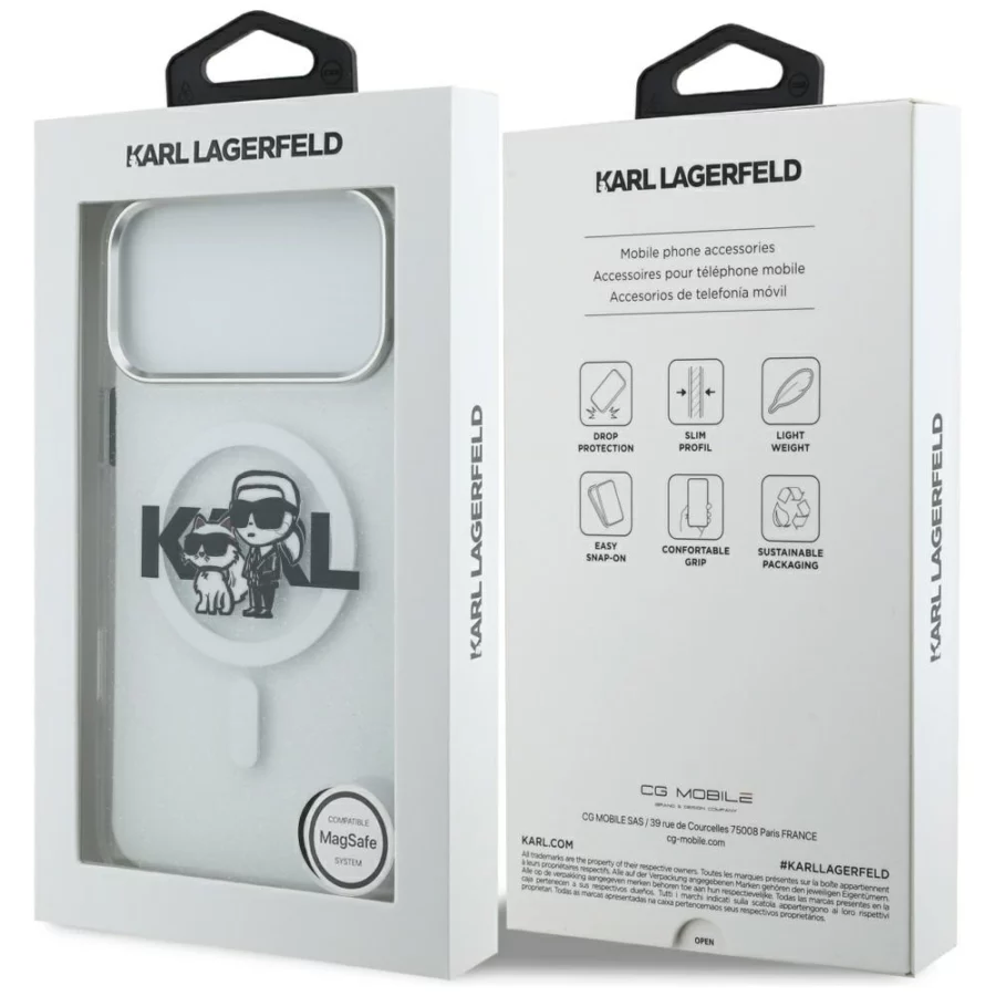 Etui Karl Lagerfeld IML Glitter Karl & Choupette Sketch Logo MagSafe do iPhone 17 Pro Max - przezroczyste