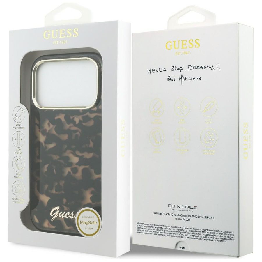 Etui Guess IML Script Metal MagSafe do   iPhone 17 Pro Max tortoise