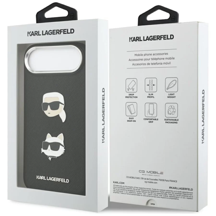 Etui Karl Lagerfeld FW Grained Karl & Choupette Heads Pins & Logo na iPhone Air - czarne