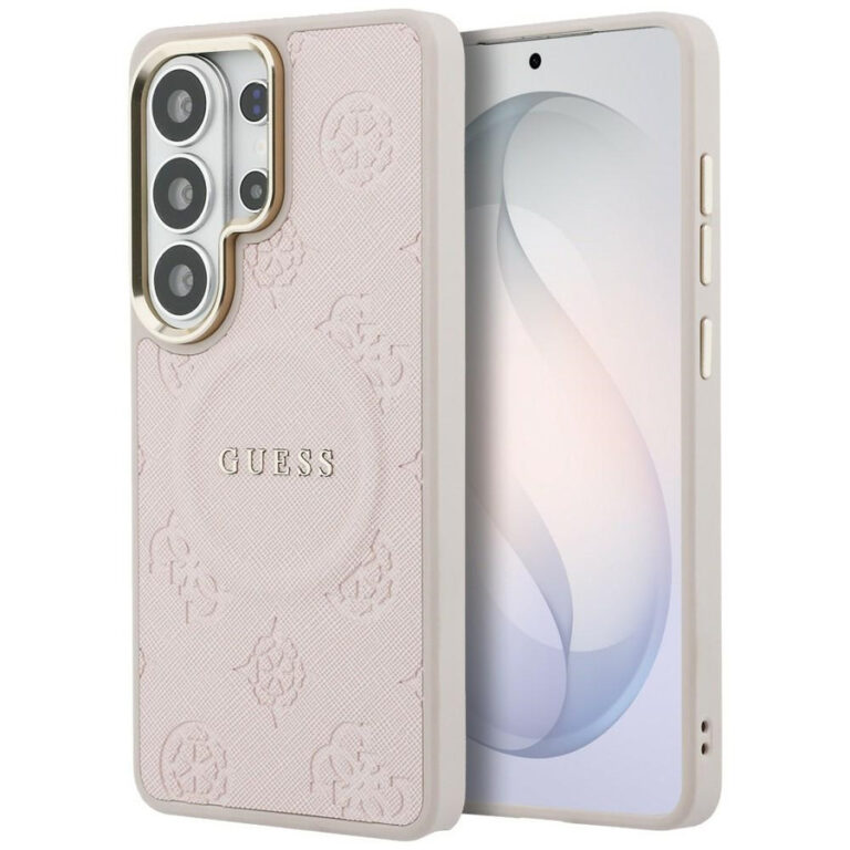 Etui Guess Saffiano Peony Embossed Ring  MagSafe do Samsung Galaxy S26 Ultra różowy