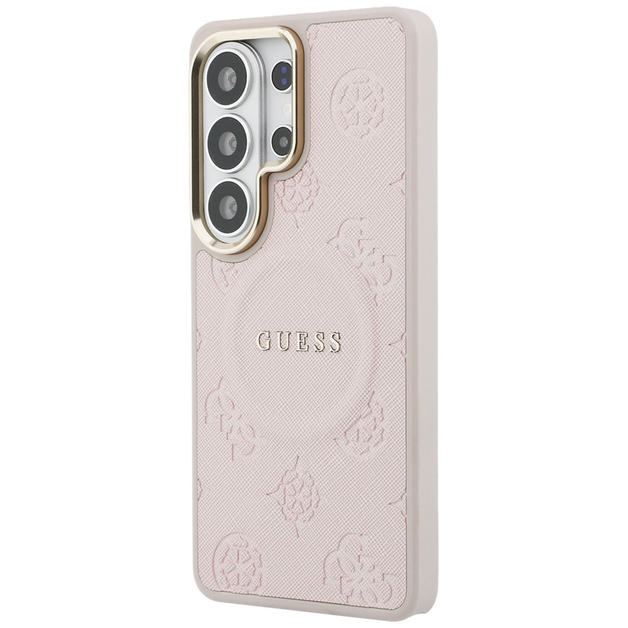 Etui Guess Saffiano Peony Embossed Ring  MagSafe do Samsung Galaxy S26 Ultra różowy