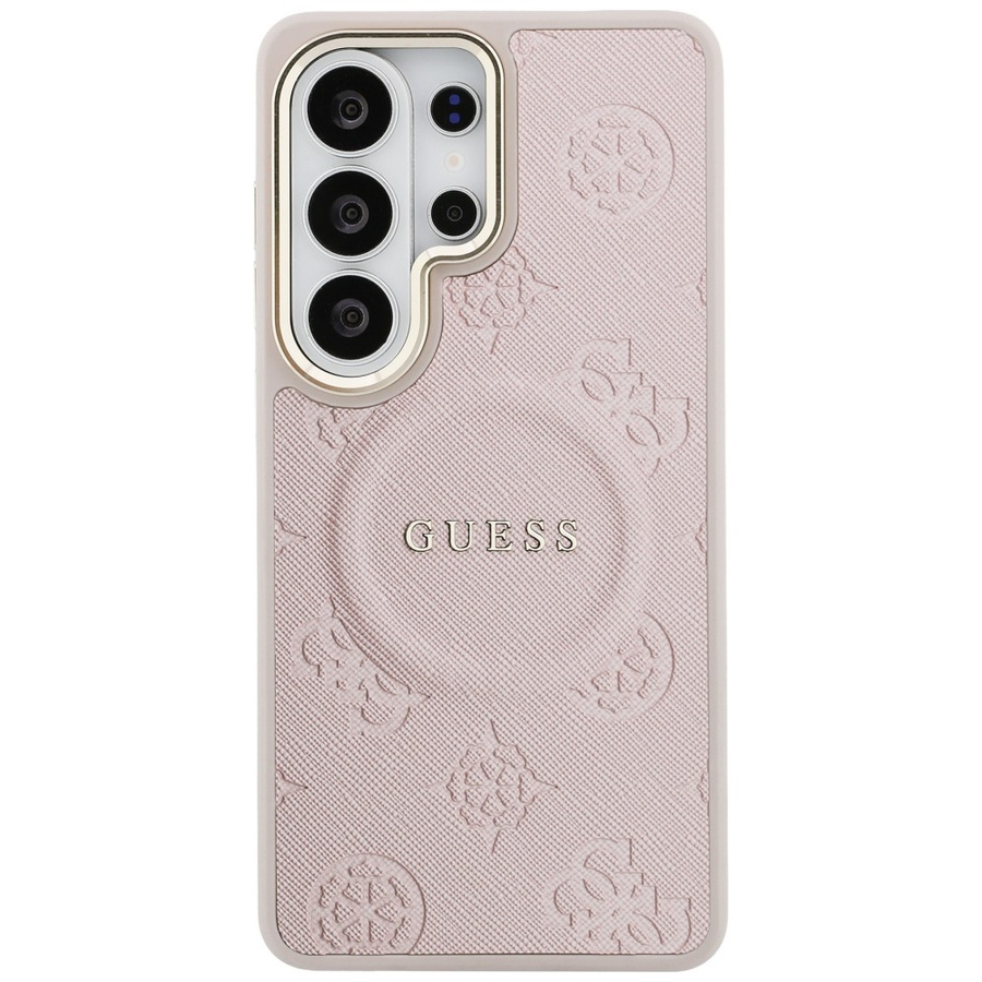 Etui Guess Saffiano Peony Embossed Ring  MagSafe do Samsung Galaxy S26 Ultra różowy