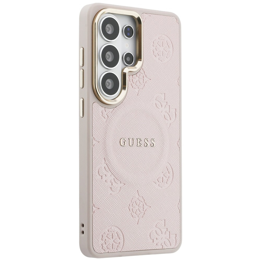 Etui Guess Saffiano Peony Embossed Ring  MagSafe do Samsung Galaxy S26 Ultra różowy