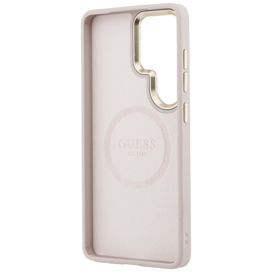 Etui Guess Saffiano Peony Embossed Ring  MagSafe do Samsung Galaxy S26 Ultra różowy