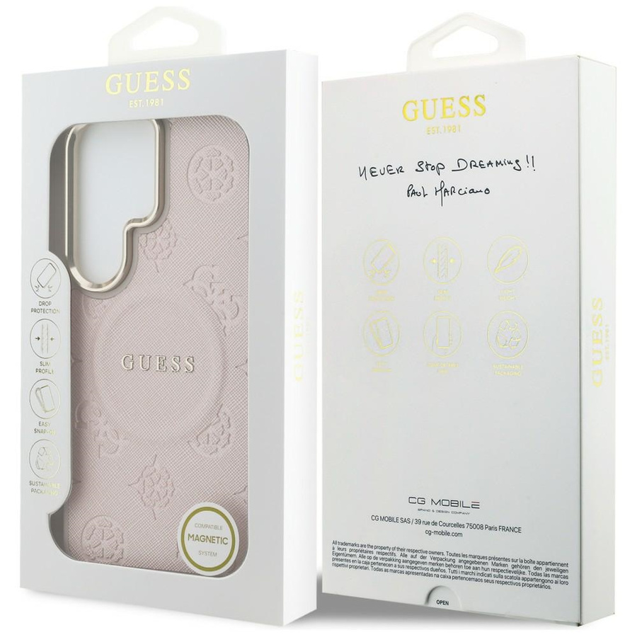 Etui Guess Saffiano Peony Embossed Ring  MagSafe do Samsung Galaxy S26 Ultra różowy