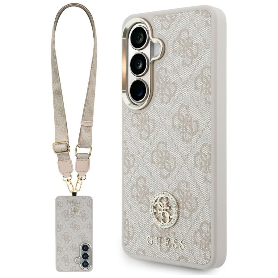 Zestaw Etui + Smycz Guess 4G Big         Rhinestone Triangle Strap MagSafe do Samsung Galaxy S26 różowy