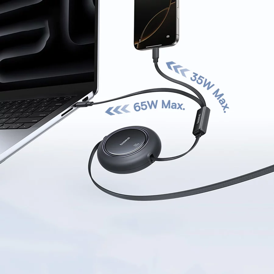 Kabel zwijany Baseus Free2Pull Mini 100W 3w1 USB-C - 2xUSB-C 1.2m - czarny
