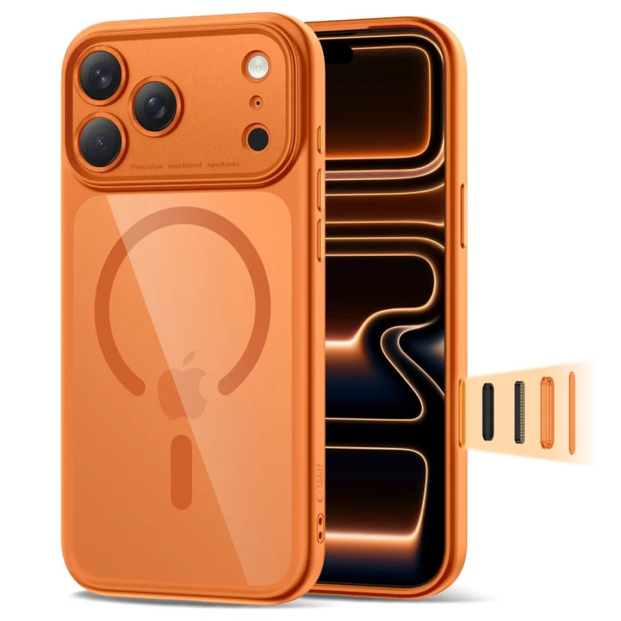 Etui Tech-Protect Magpeak Magsafe CC na iPhone 17 Pro - przezroczysto-pomarańczowe