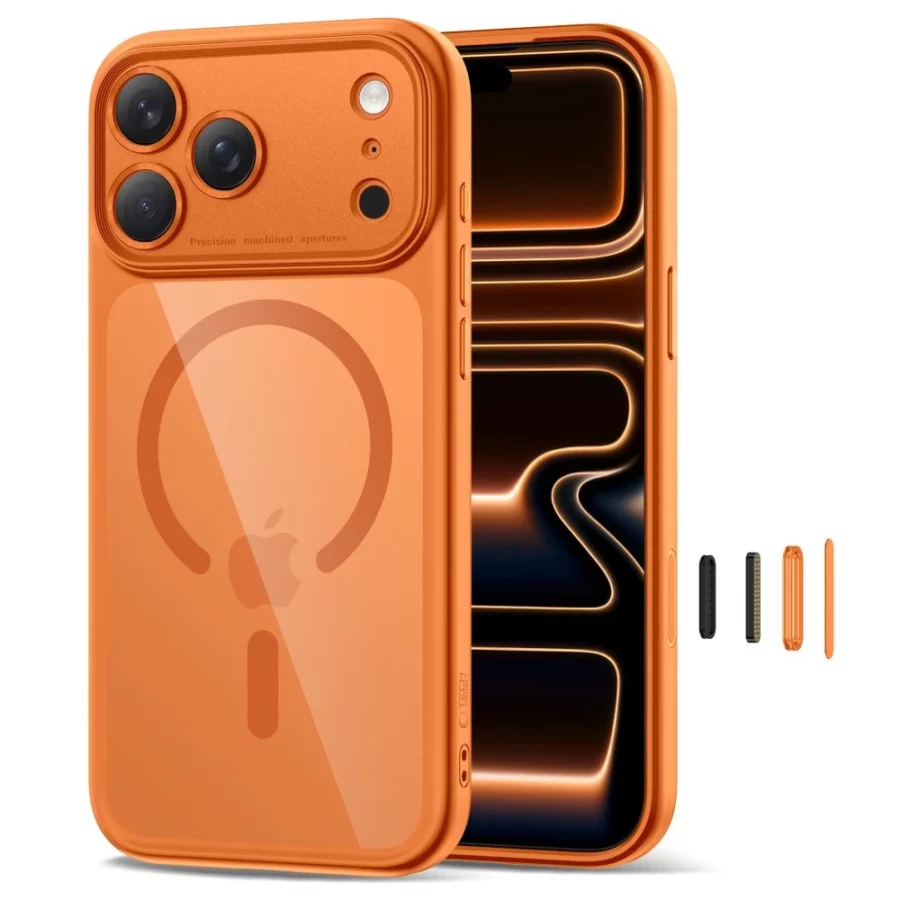 Etui Tech-Protect Magpeak Magsafe CC na iPhone 17 Pro - przezroczysto-pomarańczowe