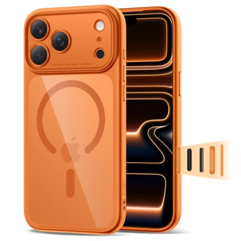 Etui Tech-Protect Magpeak Magsafe CC na iPhone 17 Pro Max - przezroczysto-pomarańczowe
