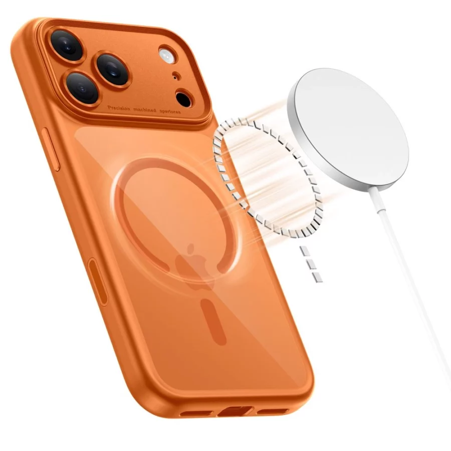 Etui Tech-Protect Magpeak Magsafe CC na iPhone 17 Pro Max - przezroczysto-pomarańczowe