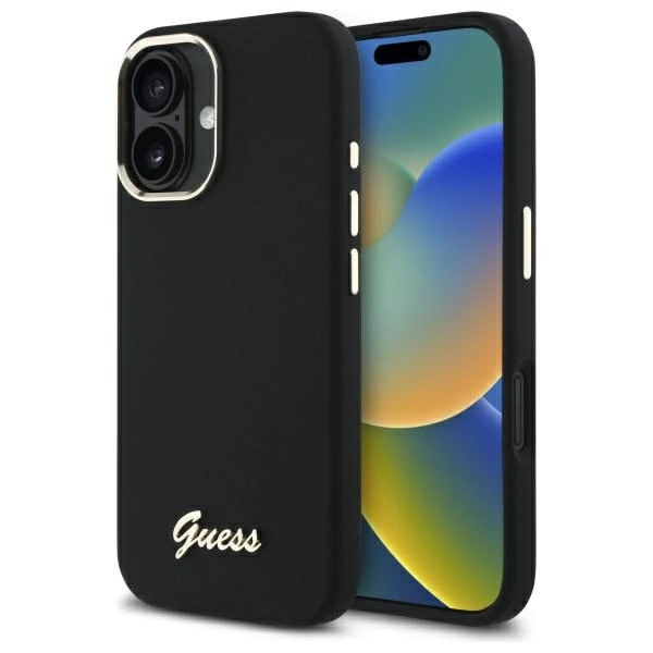 Etui Guess Silicone Script Metal Logo & Frame na iPhone 16 Plus - czarne