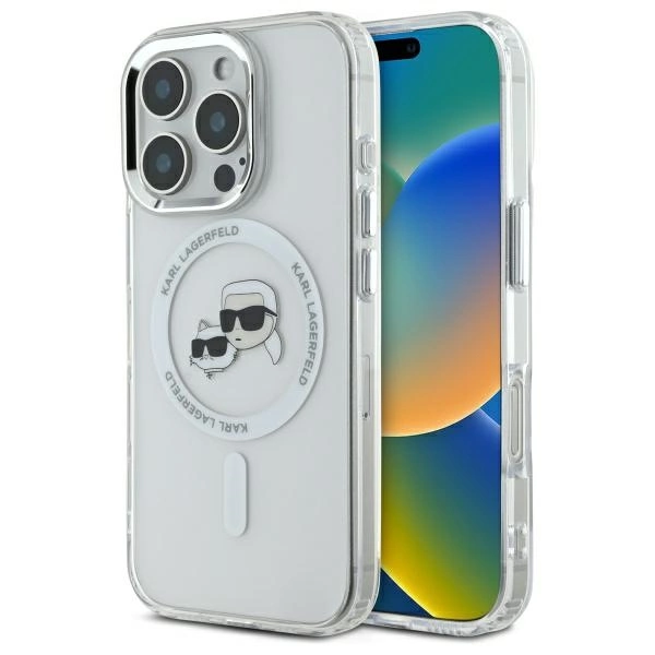 Etui Karl Lagerfeld IML Metal Karl&Choupette Head MagSafe na iPhone 16 Pro - białe