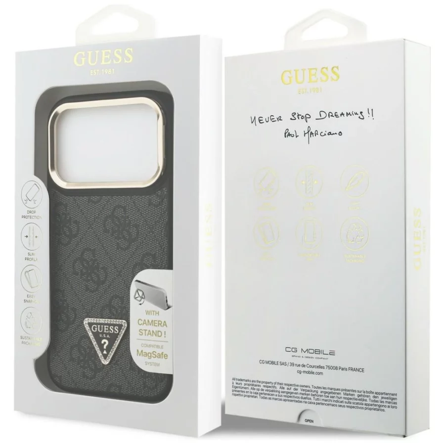 Etui Guess 4G PU Triangle Logo & Stand Camera Magsafe na iPhone 17 Pro - czarne