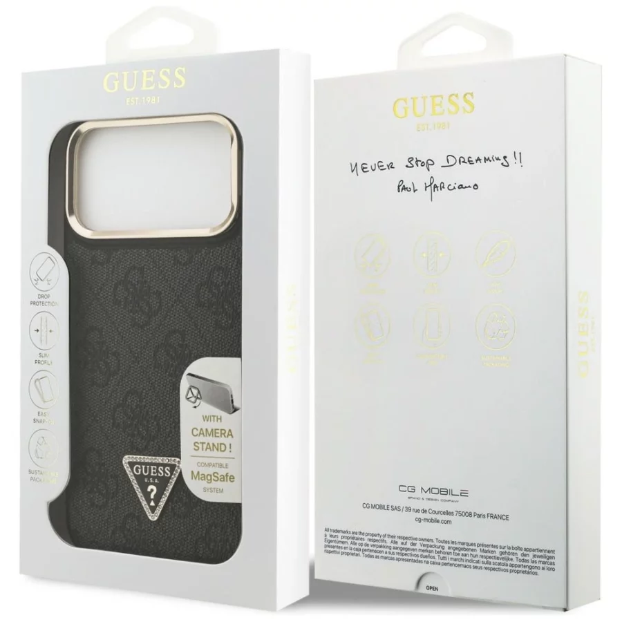 Etui Guess 4G PU Triangle Logo & Stand Camera Magsafe na iPhone 17 Pro Max - czarne