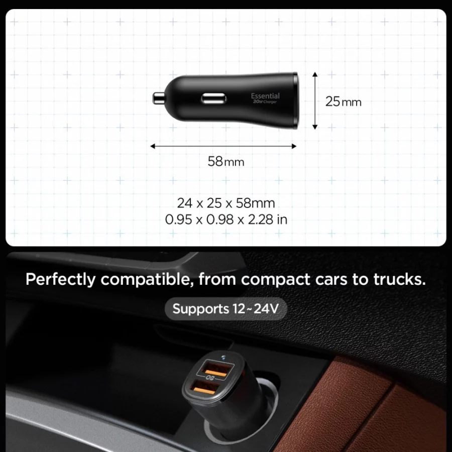 Ładowarka samochodowa Spigen Essential EV302 30 W 2-porty USB-A - czarna