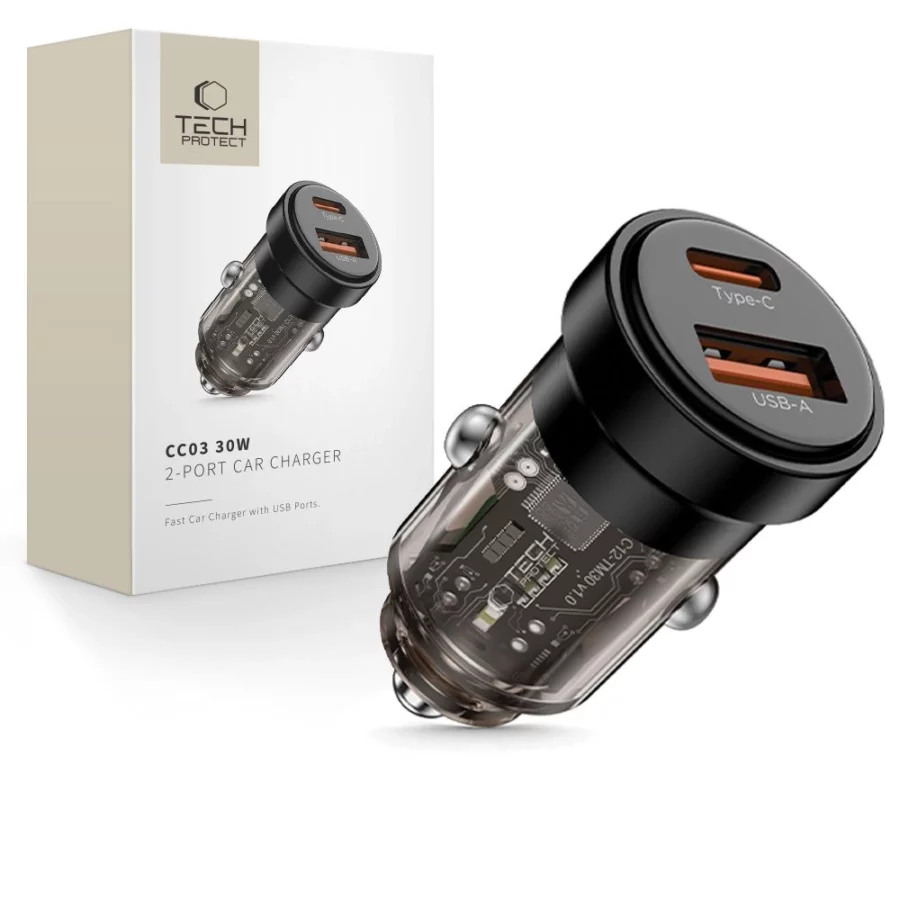 Ładowarka samochodowa Tech-Protect CC03 30 W 2-porty USB-A / USB-C - czarna