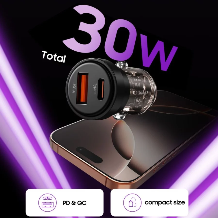 Ładowarka samochodowa Tech-Protect CC03 30 W 2-porty USB-A / USB-C - czarna