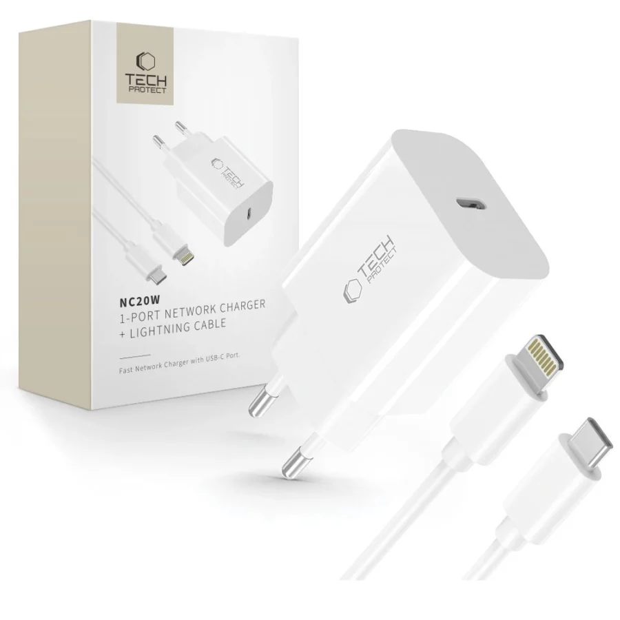 Ładowarka sieciowa Tech-Protect NC20W z kablem USB-C / Lighting 100 cm - biała