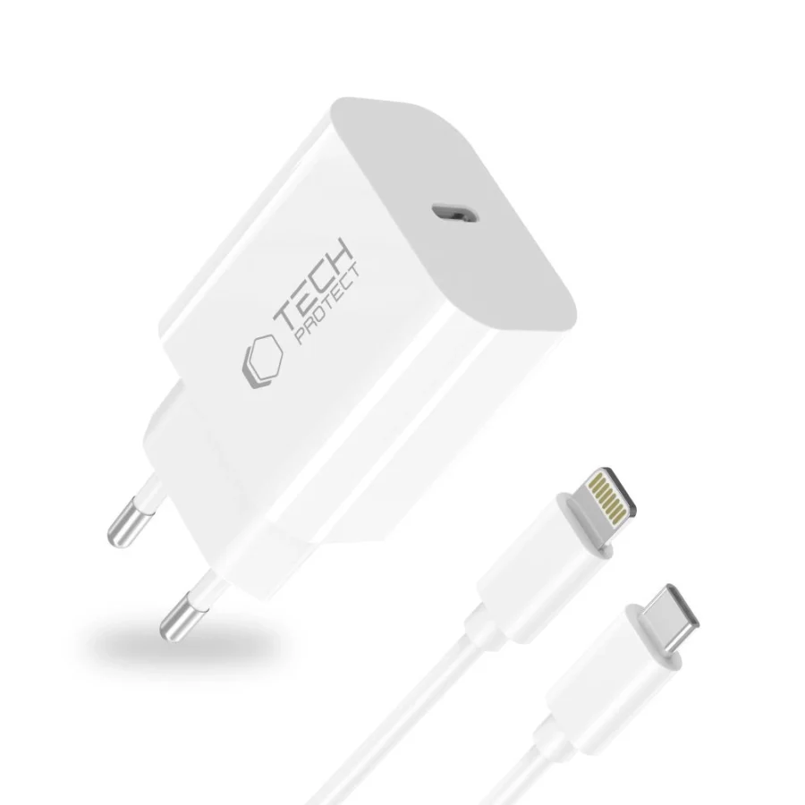 Ładowarka sieciowa Tech-Protect NC20W z kablem USB-C / Lighting 100 cm - biała
