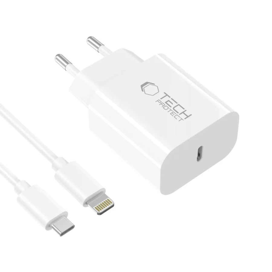 Ładowarka sieciowa Tech-Protect NC20W z kablem USB-C / Lighting 100 cm - biała