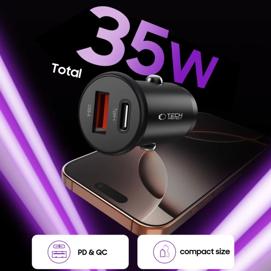 Ładowarka samochodowa Tech-Protect CC02 35W 2-porty USB-C / USB-A - czarna