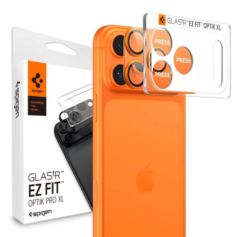 Szkło na obiektyw Spigen Optik Pro XL na iPhone 17 Pro - pomarańczowe