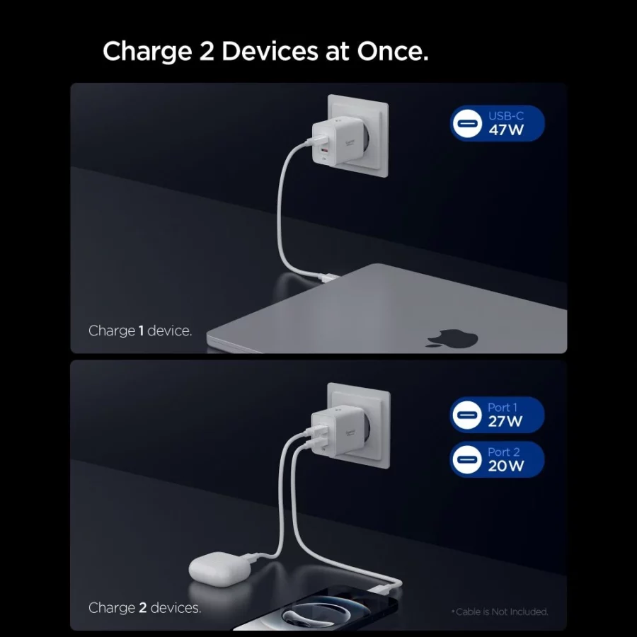 Ładowarka sieciowa Spigen Essential EE472EU 2-porty USC-C 47W - biała