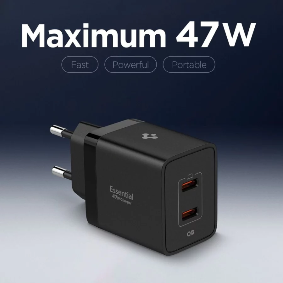 Ładowarka sieciowa Spigen Essential EE472EU 2-porty USC-C 47W - czarna
