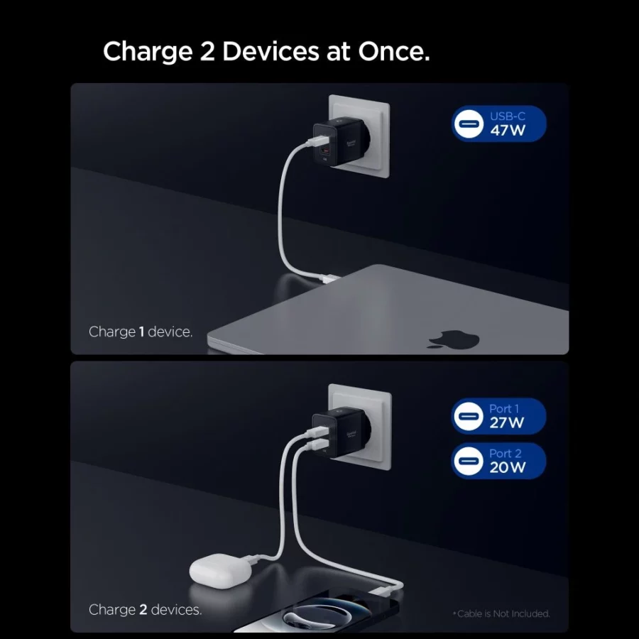 Ładowarka sieciowa Spigen Essential EE472EU 2-porty USC-C 47W - czarna