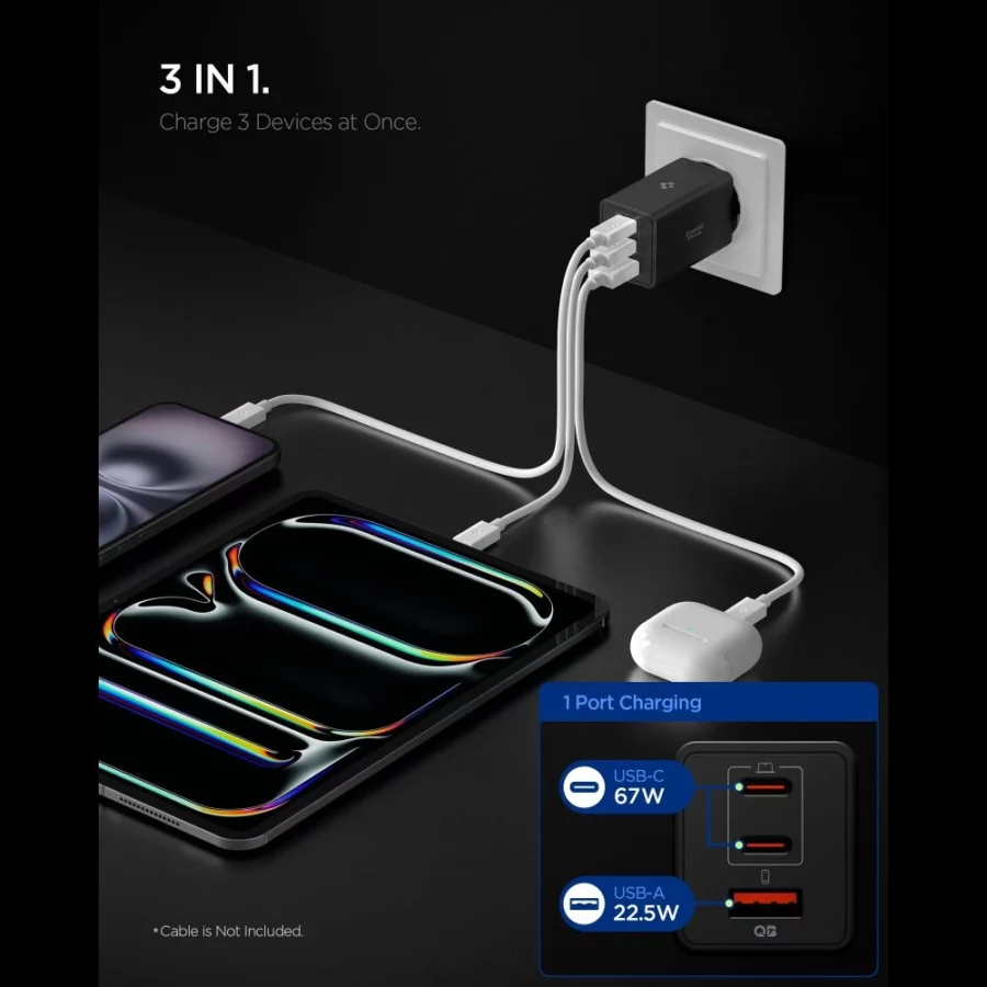 Ładowarka sieciowa Spigen Essential EE673EU 3-porty 2xUSB-C 1xUSB-A 67W - czarna