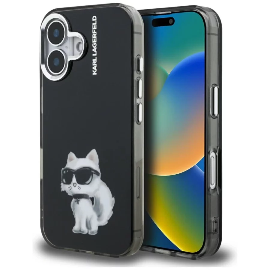 Etui Karl Lagerfeld IML Aquarelle Choupette & Logo na iPhone 16 - czarne