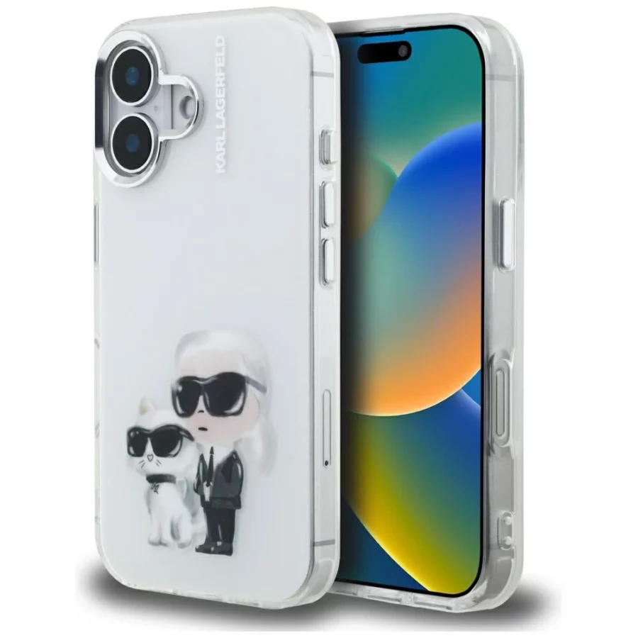Etui Karl Lagerfeld IML Aquarelle Karl & Choupette & Logo na iPhone 16 - białe