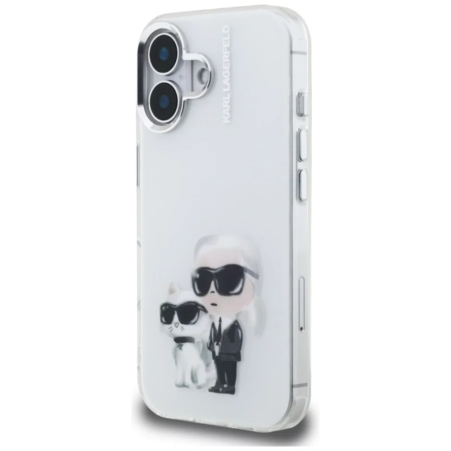 Etui Karl Lagerfeld IML Aquarelle Karl & Choupette & Logo na iPhone 16 - białe