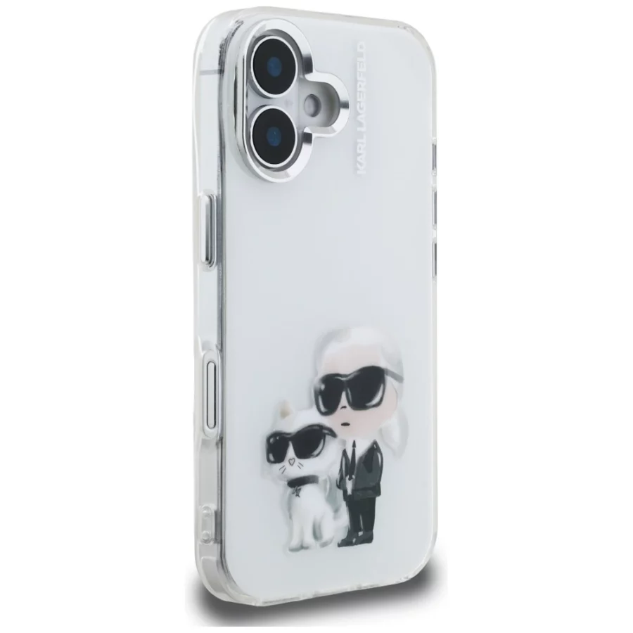 Etui Karl Lagerfeld IML Aquarelle Karl & Choupette & Logo na iPhone 16 - białe