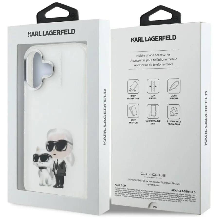 Etui Karl Lagerfeld IML Aquarelle Karl & Choupette & Logo na iPhone 16 - białe