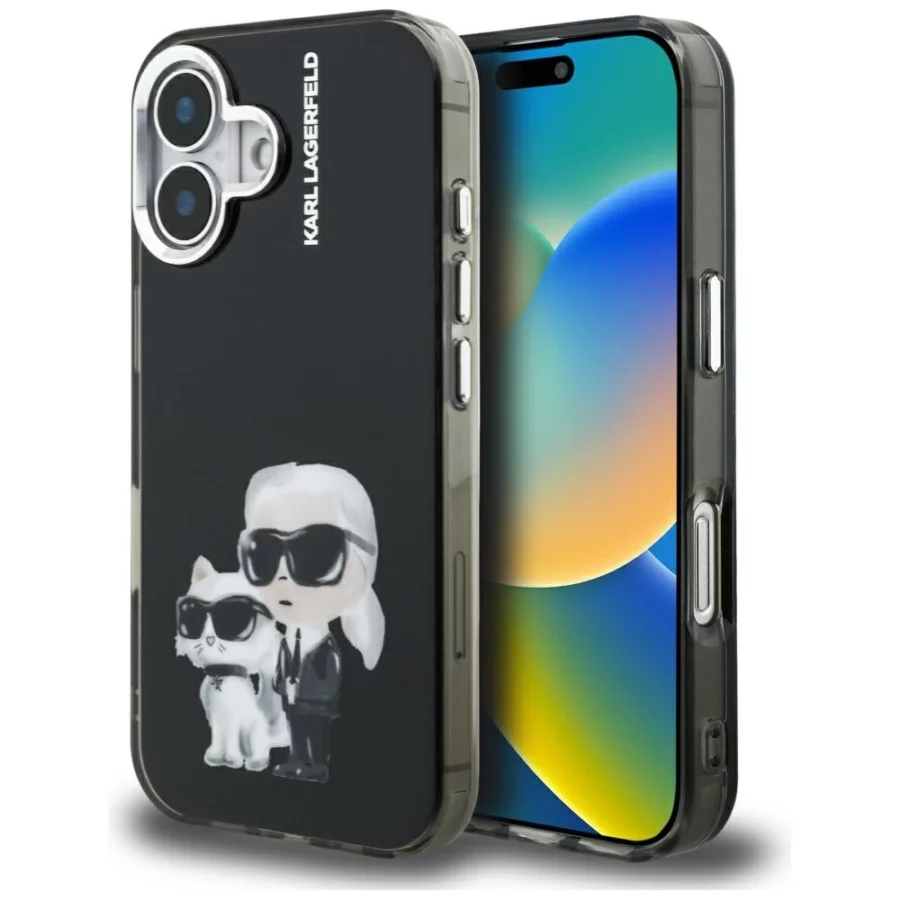 Etui Karl Lagerfeld IML Aquarelle Karl & Choupette & Logo na iPhone 16 - czarne