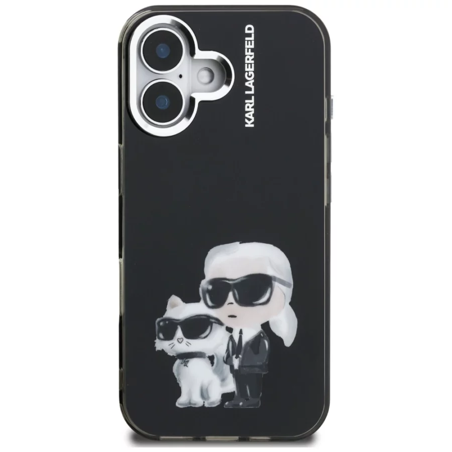 Etui Karl Lagerfeld IML Aquarelle Karl & Choupette & Logo na iPhone 16 - czarne