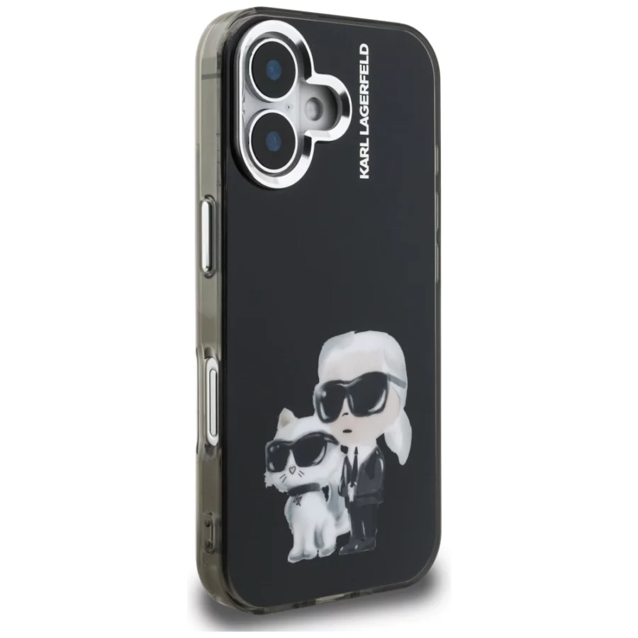 Etui Karl Lagerfeld IML Aquarelle Karl & Choupette & Logo na iPhone 16 - czarne
