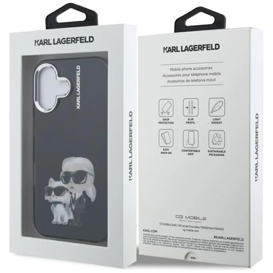 Etui Karl Lagerfeld IML Aquarelle Karl & Choupette & Logo na iPhone 16 - czarne