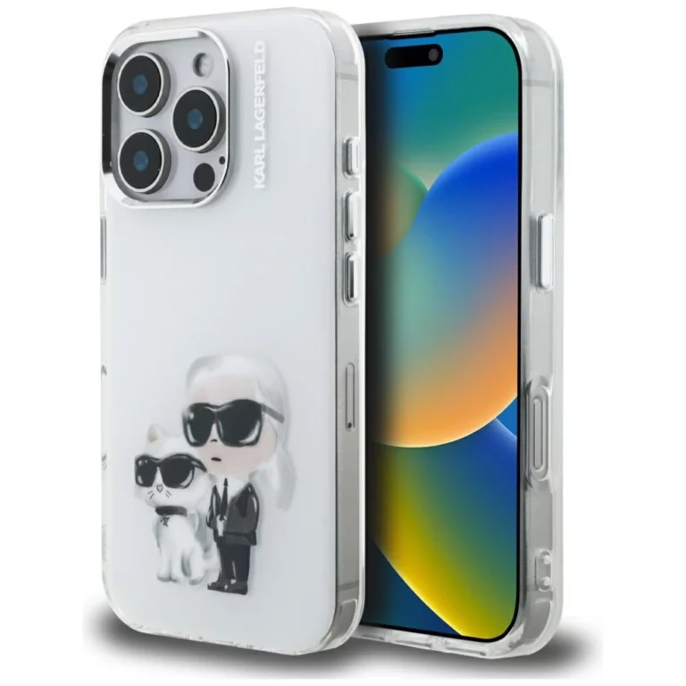 Etui Karl Lagerfeld IML Aquarelle Karl & Choupette & Logo na iPhone 16 Pro - białe