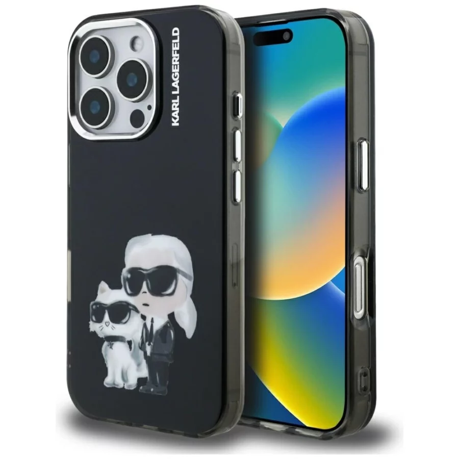 Etui Karl Lagerfeld IML Aquarelle Karl & Choupette & Logo na iPhone 16 Pro czarne