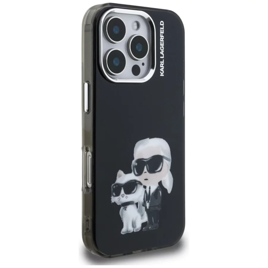 Etui Karl Lagerfeld IML Aquarelle Karl & Choupette & Logo na iPhone 16 Pro czarne